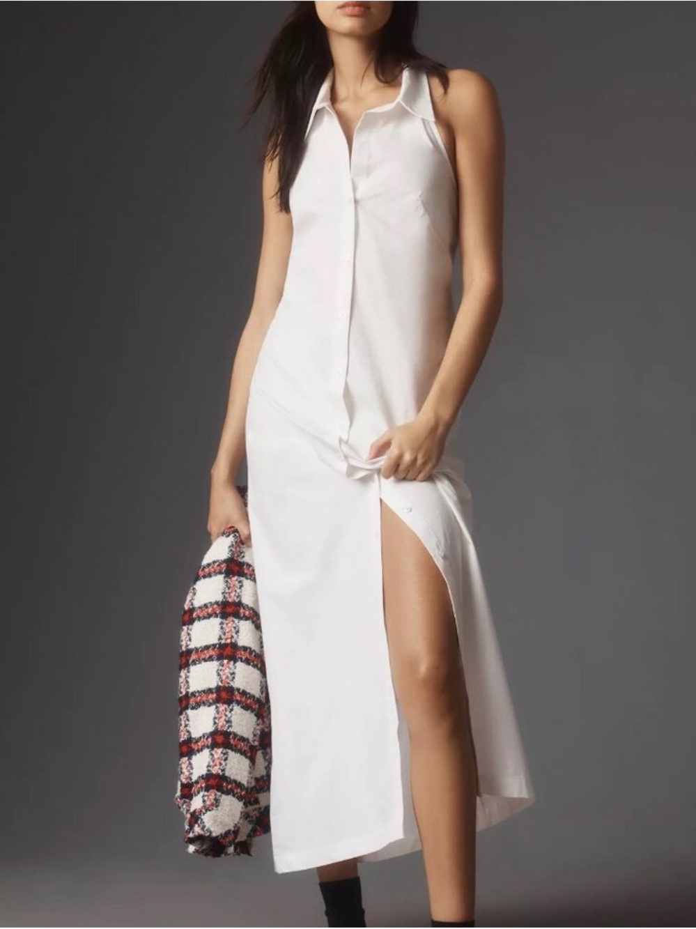 Maeve by Anthropologie Sleeveless White Button-Front Maxi Dress with Side Slit